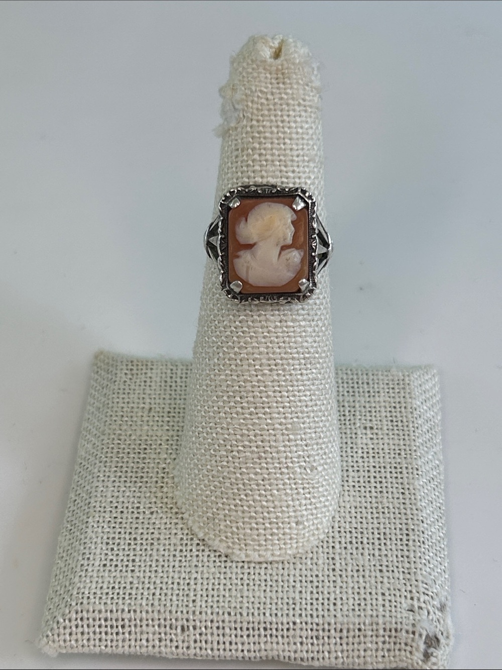 Sterling Silver Carved Shell Cameo Statement Ring | Size 5.25 | Art Deco Style